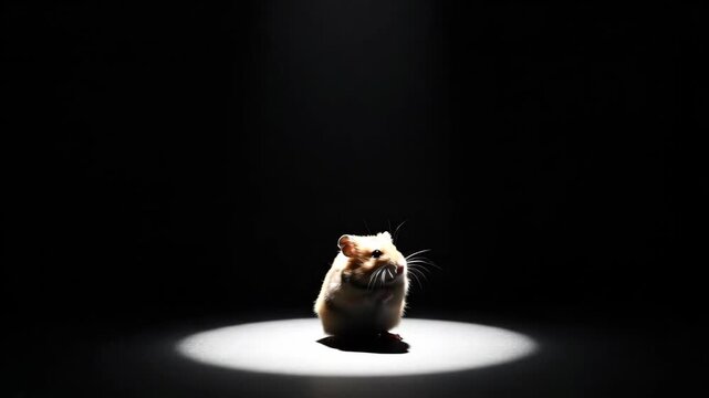 A spotlight shines on a small, cute hamster, a common rodent, on a dark stage, ready for its performance