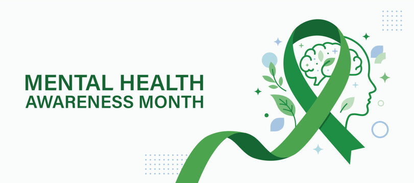 Green mental health awareness ribbon with human brain and head profile silhouette, May is Mental Health Awareness Month, Mental and Psychological well-being background banner
