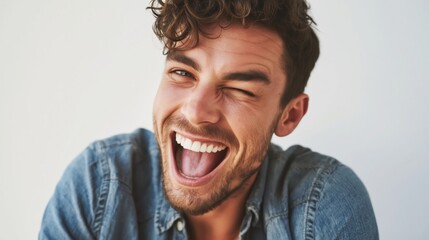 Showcasing authenticity and joyful expression a man is captured laughing with genuine emotion He is winking and smiling while wearing a denim shirt against a white background representing happiness.