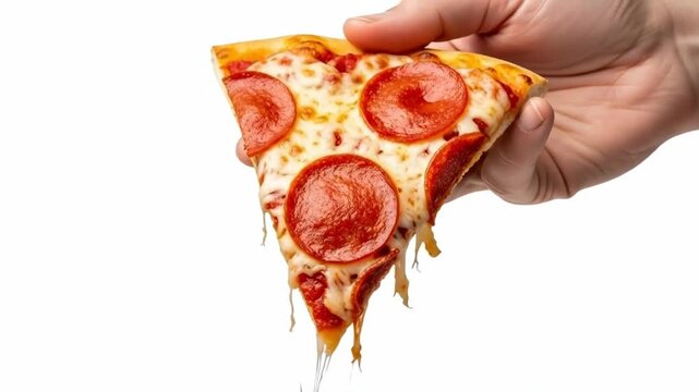 A hand holding a slice of pepperoni pizza in a clean environment