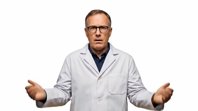 A confused doctor shrugs his shoulders in a white lab coat on
