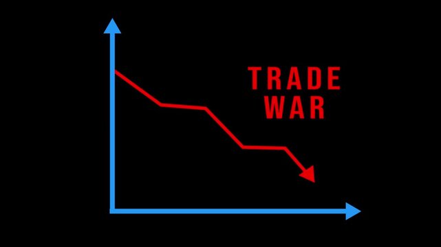 Trade war decline graph animation. Economic conflict concept with falling line chart and negative market trend on dark background
