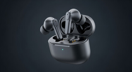Fototapeta premium Modern wireless earbuds in a charging case, showcasing advanced technology and sleek design for everyday use
