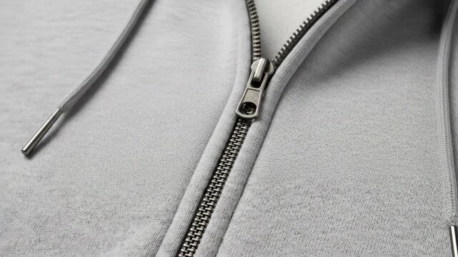 A close-up of a gray hoodie with a partially zipped gray zipper