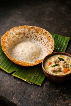 Delicious Rice Appam and Mild Stew on Banana Leaf, Authentic Flavor