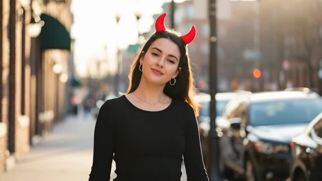 A young woman wearing devil horns plays with her hair on a city street
