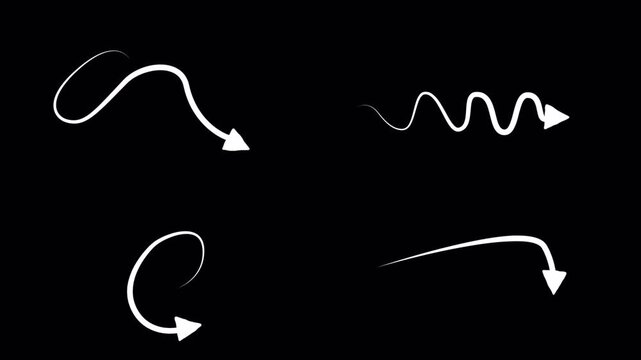 Arrow motion elements with alpha channel animation video. Hand drawn curved arrows and scribble paths isolated on transparent background 