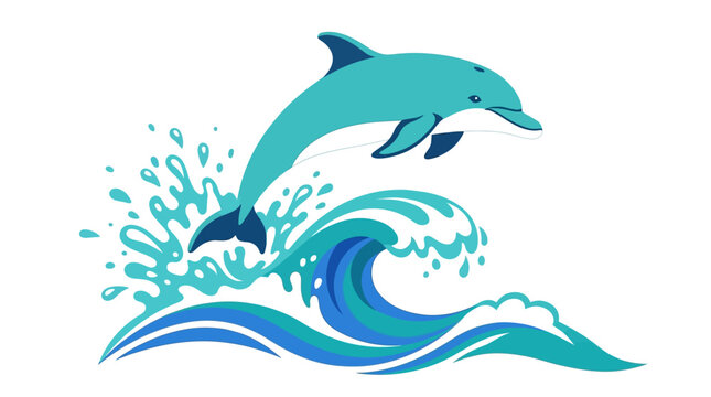 A vibrant blue dolphin leaping joyfully through a cresting ocean wave.