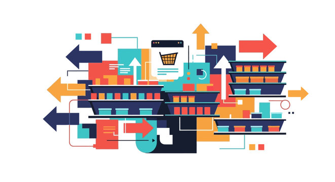 Abstract Retail Store Shelves with Arrows and Shopping Cart.