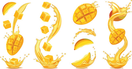 Naklejka premium Mango splash vector set with juicy fruit pieces, cubes and flowing juice, tropical dynamic composition collection isolated on white background illustration
