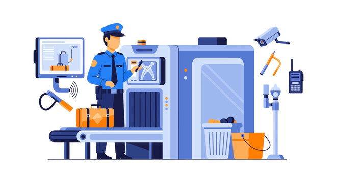 Airport Security Officer Inspecting Luggage at X-ray Scanner.