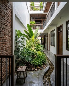 Indoor courtyard garden in renovated Hanoi tube house with tropical plants and natural light from above