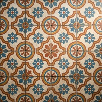 Traditional Vietnamese cement tile floor with vintage Indochina geometric pattern in blue and terracotta