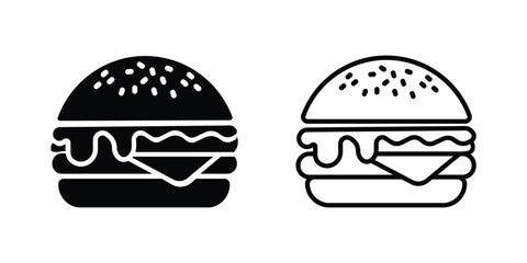Fototapeta premium Hamburger icon set with solid and outline styles, minimal fast food burger symbols vector illustration