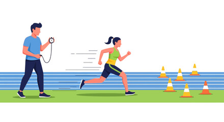 Fototapeta premium Athlete training with coach timing sprint race.