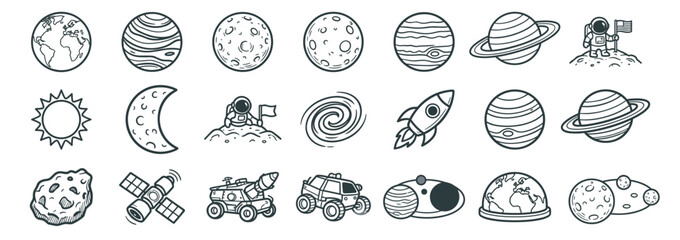 space planet line icon set with solar system objects including earth, moon, saturn, rocket, astronaut, satellite and rover vector illustration collection on transparent background © Ярослав Дацко
