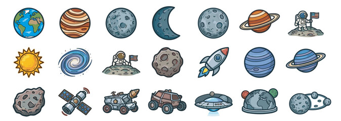 space planet icon set with solar system objects including earth, moon, saturn, rocket, astronaut, satellite and rover vector illustration collection on transparent background © Ярослав Дацко