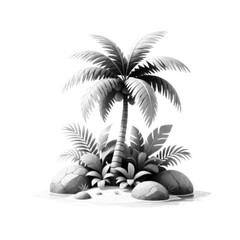 Obraz premium Tropical palm tree with foliage and rocks in halftone engraving style, monochrome illustration isolated on white, exotic nature landscape concept.