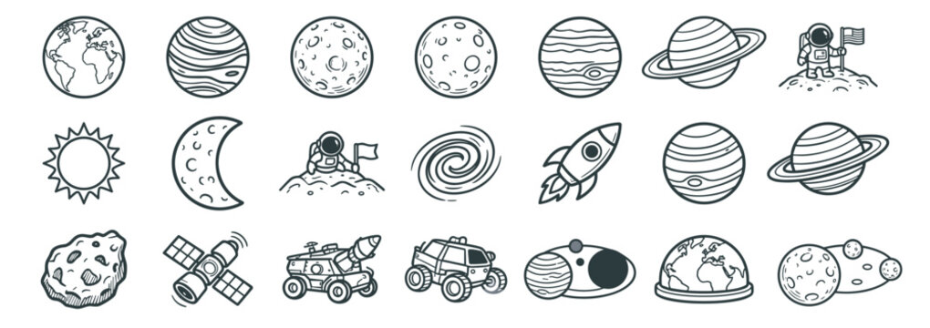 space planet line icon set with solar system objects including earth, moon, saturn, rocket, astronaut, satellite and rover vector illustration collection on transparent background