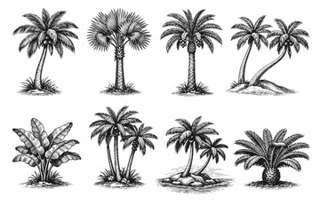 Fototapeta premium Vintage engraved palm tree collection in black and white tropical botanical illustration style