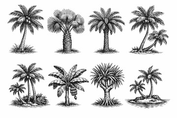 Naklejka premium Vintage engraved palm tree collection in black and white tropical botanical illustration style