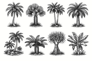 Fototapeta premium Vintage engraved palm tree collection in black and white tropical botanical illustration style