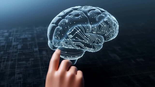 Interactive digital brain model being touched by a hand. Exploring the intersection of technology and neuroscience for innovation and learning