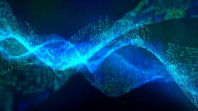 Abstract digital wave animation with flowing blue and green data streams. Represents technology, data visualization, and digital transformation