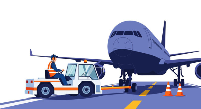 Airplane being towed by a tug vehicle on tarmac.