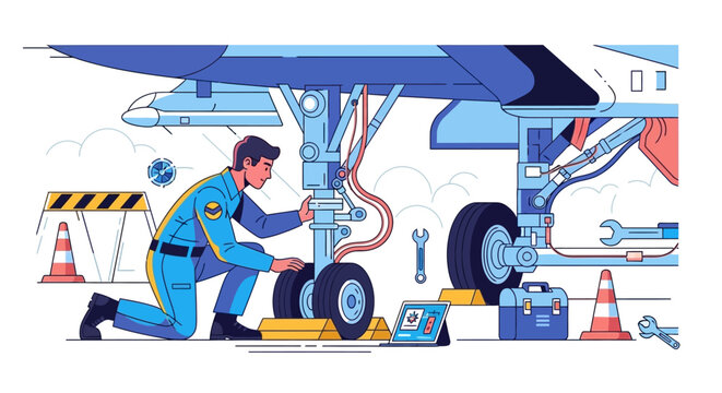 Aircraft mechanic performing detailed inspection on landing gear system.