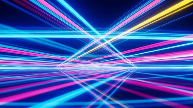 Dynamic neon light beams creating vibrant patterns on a reflective surface. Ideal for modern visuals in entertainment, technology, and nightlife themes