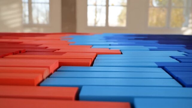 Colorful wooden blocks arranged in a wave pattern. Represents creativity, design, and playful learning environments