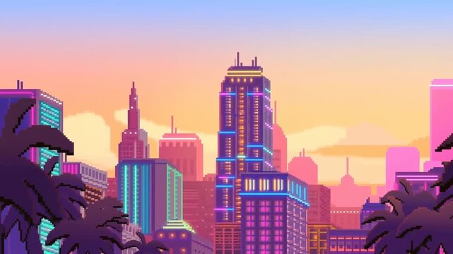 Vibrant pixel art city skyline at sunset with palm trees. A nostalgic representation of urban life and digital creativity