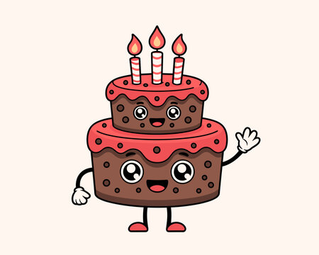 Happy kawaii chocolate birthday cake character with candles waving hand for celebration, cute cartoon dessert mascot standing for party invite, food illustration for kids, sweet treat flat vector grap