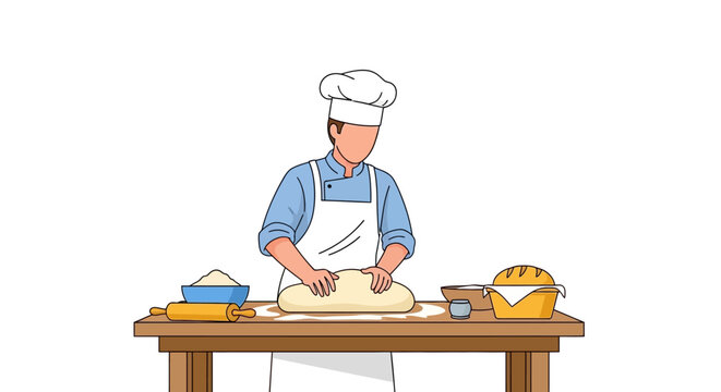 Baker Kneading Dough on Wooden Table with Ingredients.