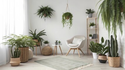 Fototapeta premium Modern Minimalist Reading Nook with Sleek White Armchair, Diverse Hanging Ferns, Potted Cacti, and a Sage Green Geometric Rug for a Serene Professional Interior Aesthetic
