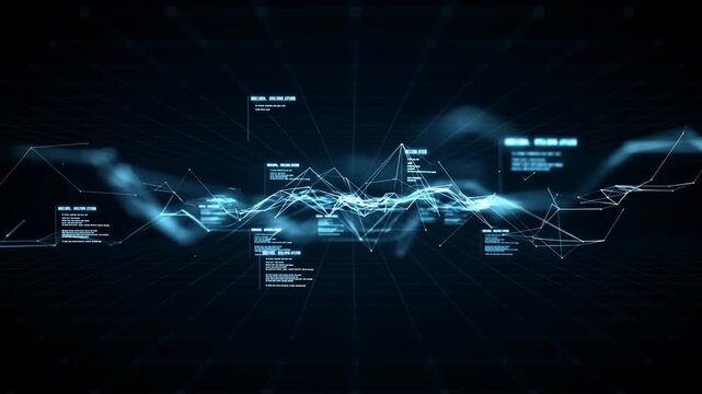 Abstract data visualization with dynamic lines and digital information overlay. Represents technology, analytics, and data-driven decision-making
