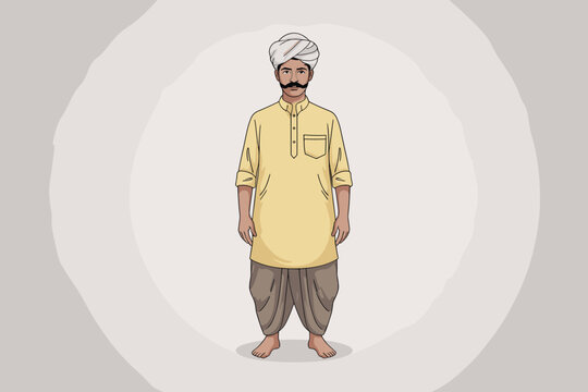 A proud Indian village man wearing traditional yellow kurta and brown dhoti with a white turban standing against a plain background, representing rural lifestyle, historical fashion and folk heritage