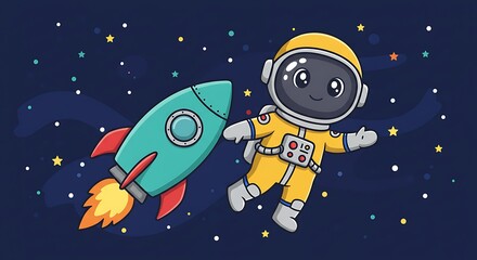 Naklejka premium Cute astronaut in space with rocket