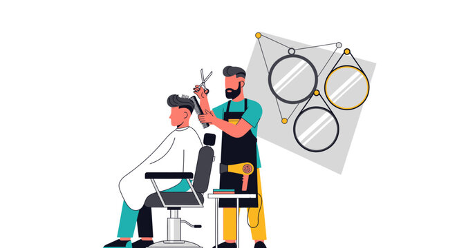 Barber cutting hair of a client in a salon.