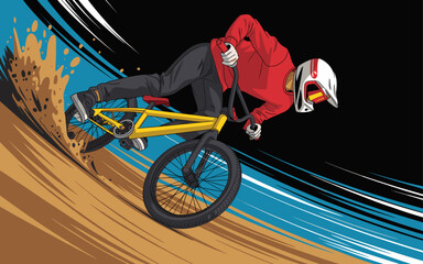 Fototapeta premium Dynamic bmx bike rider in a high speed action turn on a dirt track, professional cyclist performing extreme stunts concept, motion blur race intense outdoor hobby competition scene, vector graphic sty