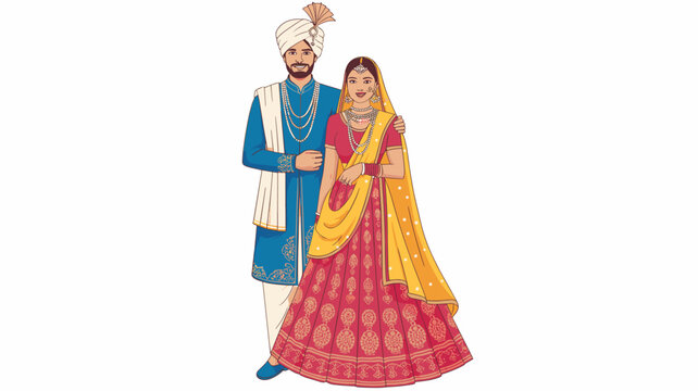 Happy Indian wedding couple standing together in traditional ethnic bridal attire, handsome groom in blue sherwani and turban with beautiful bride in red lehenga choli, cultural celebration love roman