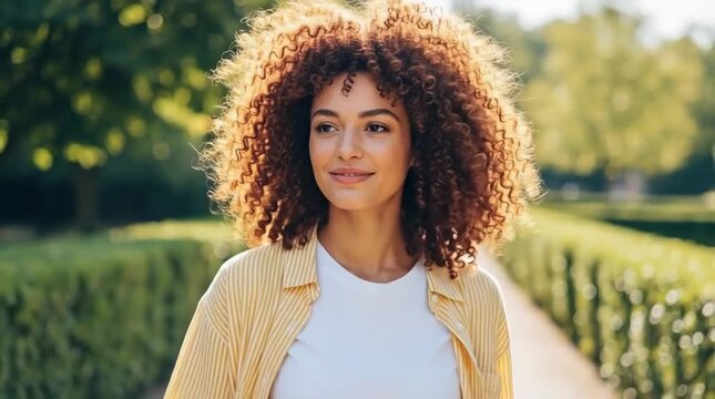 A young woman with curly hair smiling in a park on a sunny day