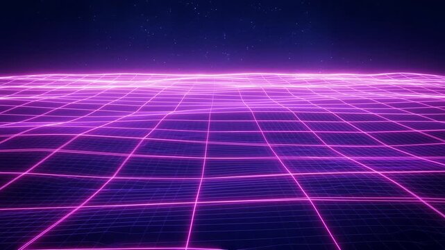 Futuristic digital landscape with glowing pink grid lines and starry background. Represents technology, innovation, and virtual reality environments