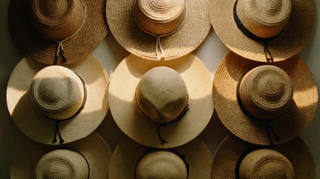 Overlapping woven-straw-hat wall background with a warm reflection moving across circular crowns