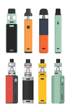 Set of modern electronic cigarettes and refillable vape pod mods collection in flat vector design for smoking cessation alternative lifestyle choice, featuring diverse hardware styles for nicotine use