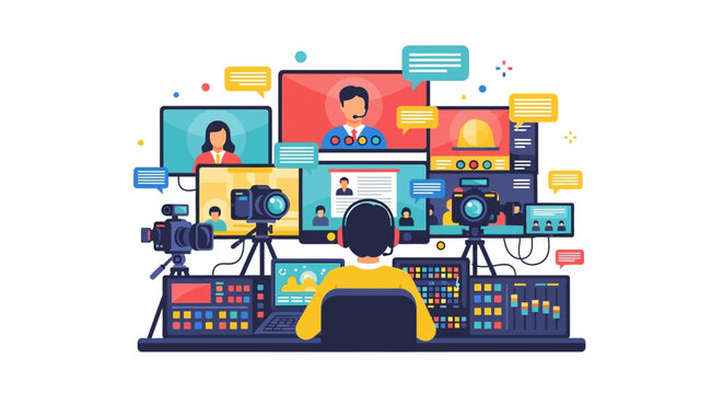 Broadcasting Studio Setup with Multiple Screens and Cameras.