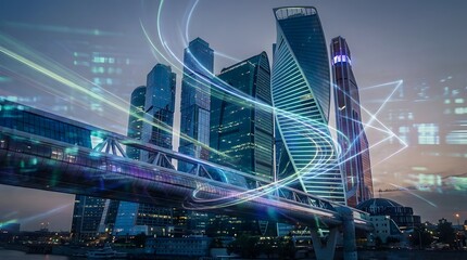 Obraz premium Modern skyscrapers and urban infrastructure illuminated with futuristic light trails symbolizing technology and connectivity