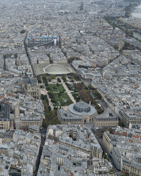 Aerial view of the Petit Palais and Grand Palais elegantly juxtaposed against the lush greenery of the surrounding park, with Parisian architecture, Paris, France.