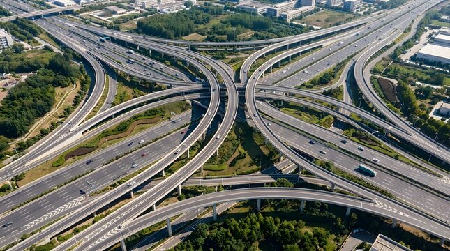 An expansive aerial perspective showcases a complex urban highway interchange featuring numerous roads ramps and overpasses with flowing traffic